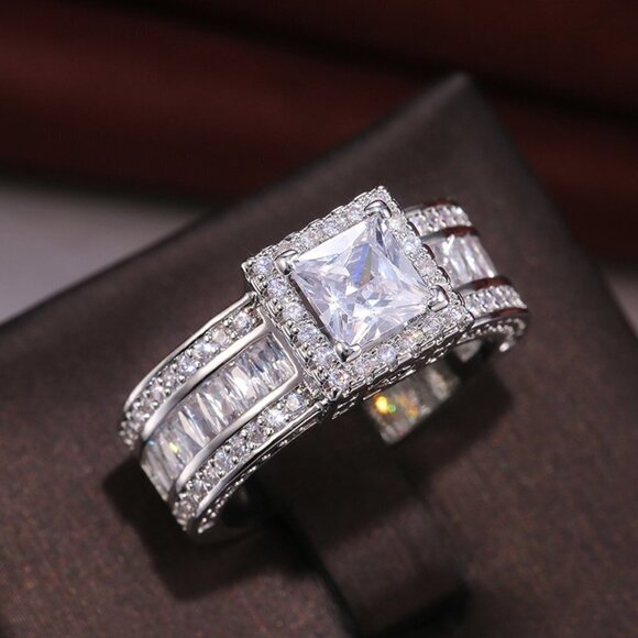 🎀 Three Layer Full Zircon Square Anillos Princess Cut Rings for Women, PD194 - Picture 1 of 9